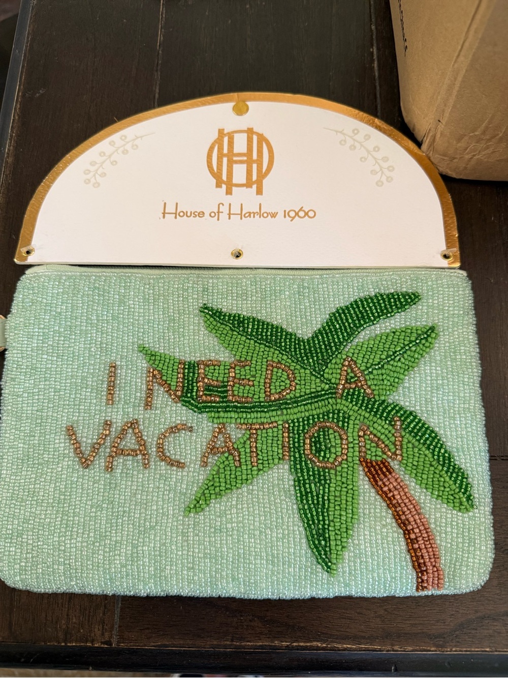 Harlow Beaded Palm Tree Clutch in Mint, Green & Bronze